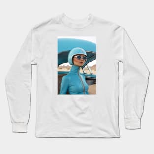 60s Retro Futuristic Woman in Blue in the Desert Long Sleeve T-Shirt